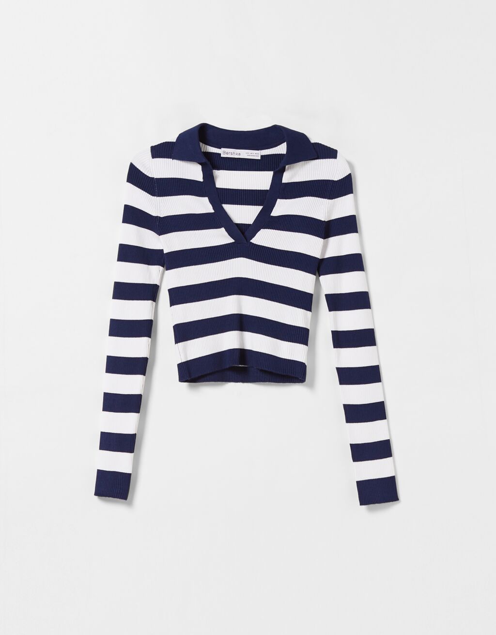 Ribbed knit top with stripes and polo collar