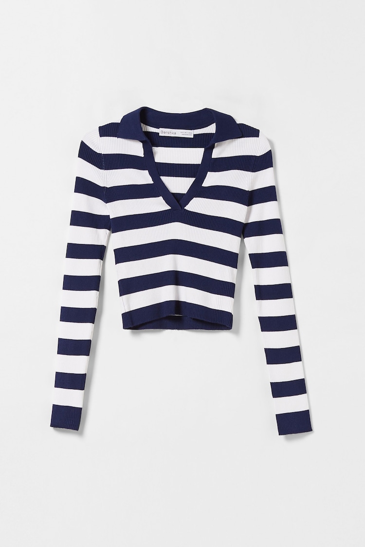 Ribbed sweater with stripes and polo collar
