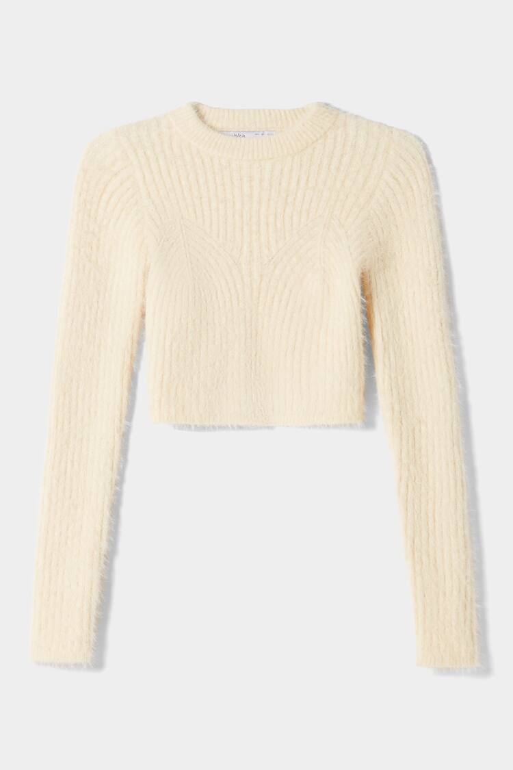 Rebrasti kratko rezani pulover od teddy tkanine s povišenim ovratnikom