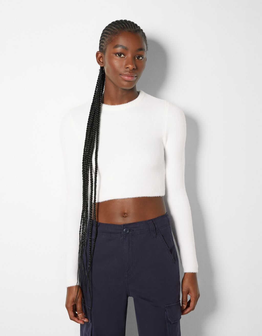 Round neck cropped faux fur sweater