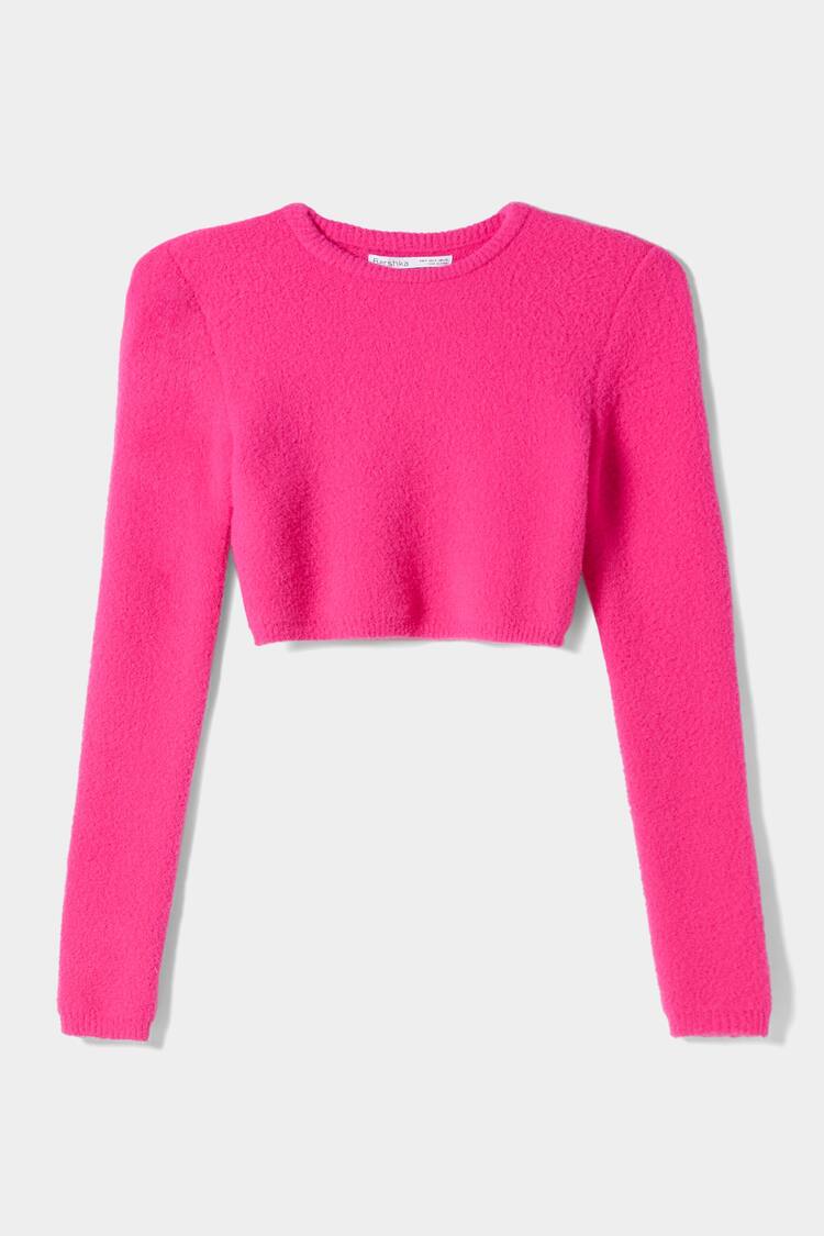 Pull cropped col rond fausse fourrure