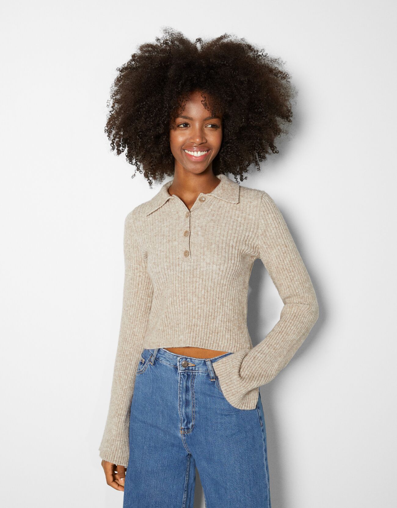 Polo collar sweater with bell sleeves 