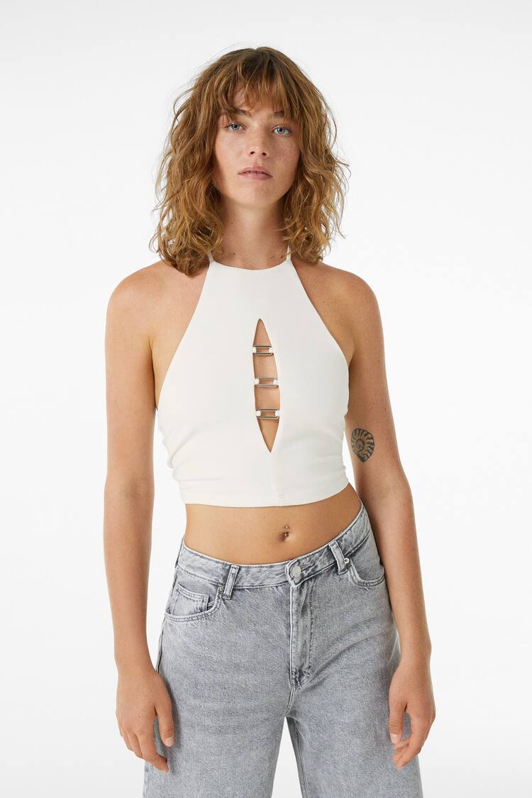 Sleeveless cut-out T-shirt with buckles