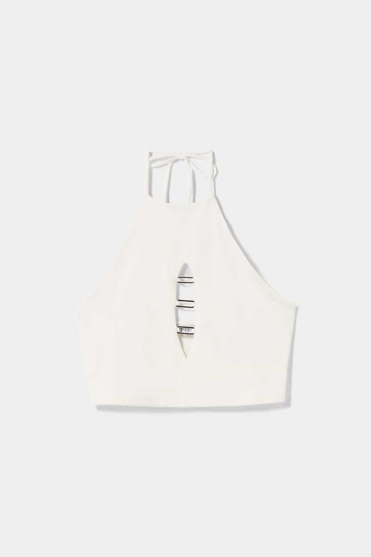 Sleeveless cut-out T-shirt with buckles