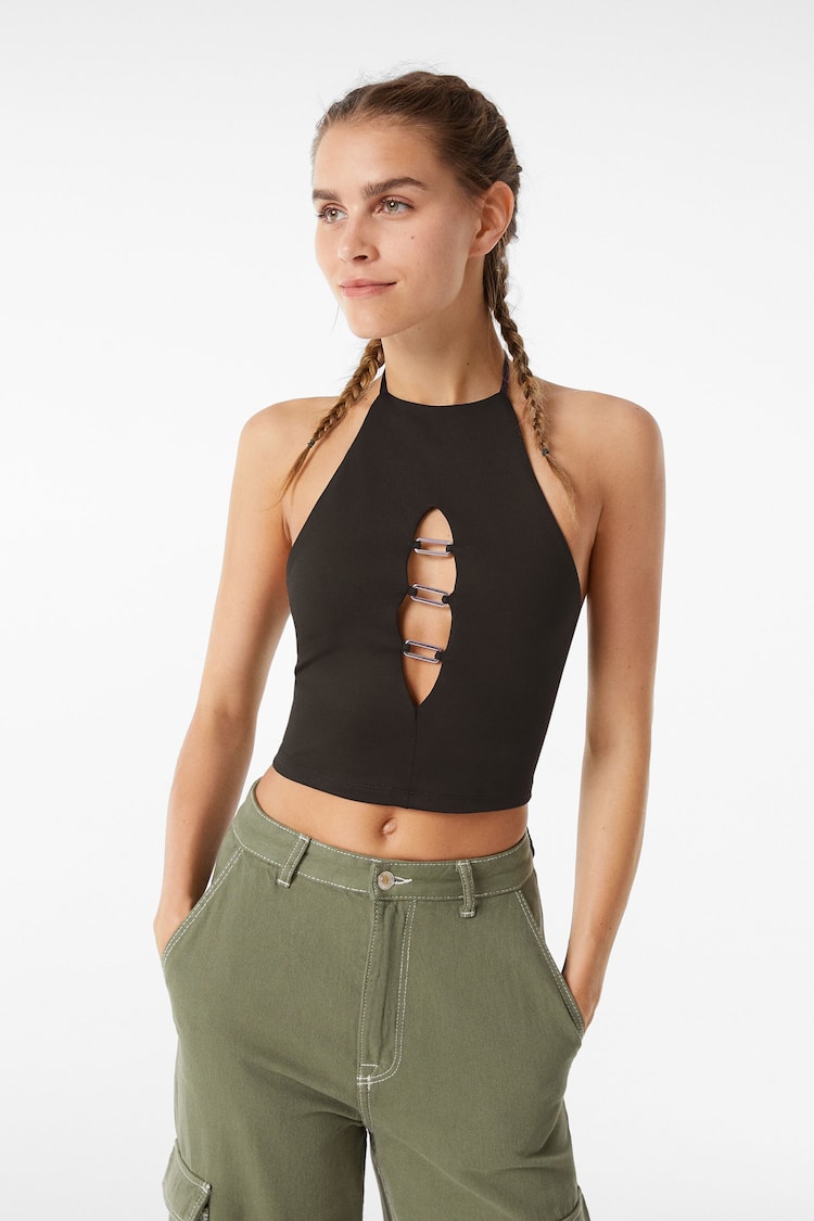 Sleeveless cut-out top with buckles