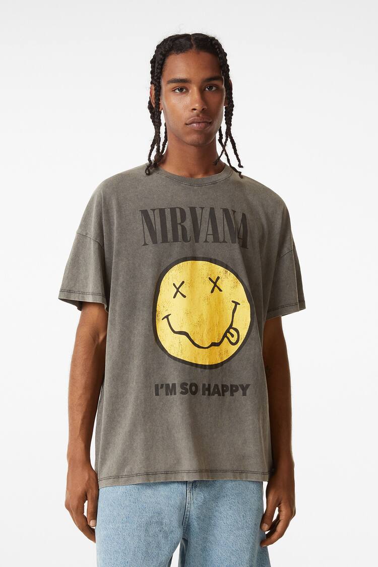 Bluza me mëngë të shkurtra me stampim “Nirvana” dhe “Smiley”
