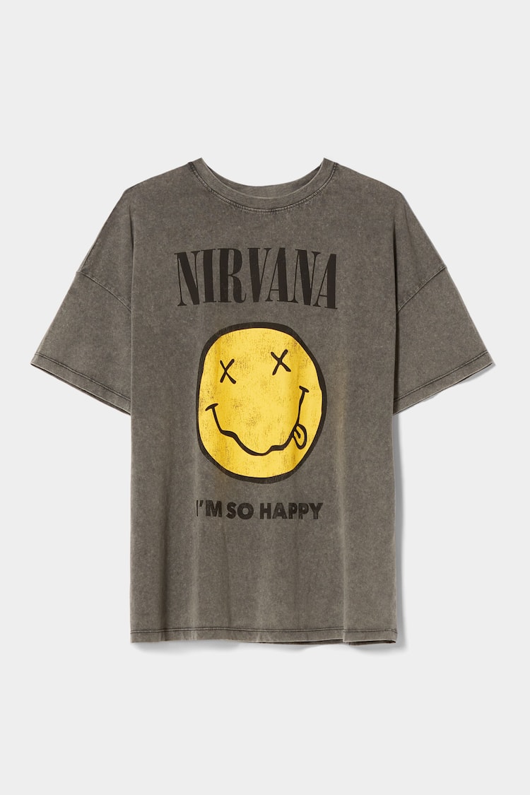 Lyhythihainen Nirvana-T-paita hymynaamaprintillä