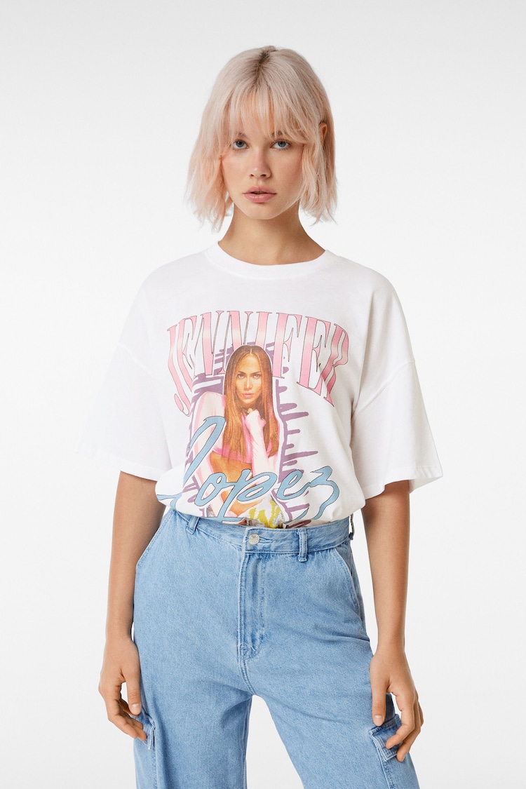 Kısa kollu Jennifer Lopez baskılı t-shirt