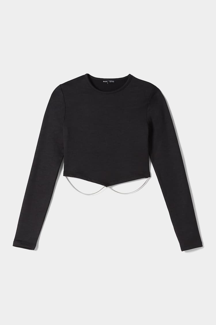 Long sleeve ribbed T-shirt with front chain detail