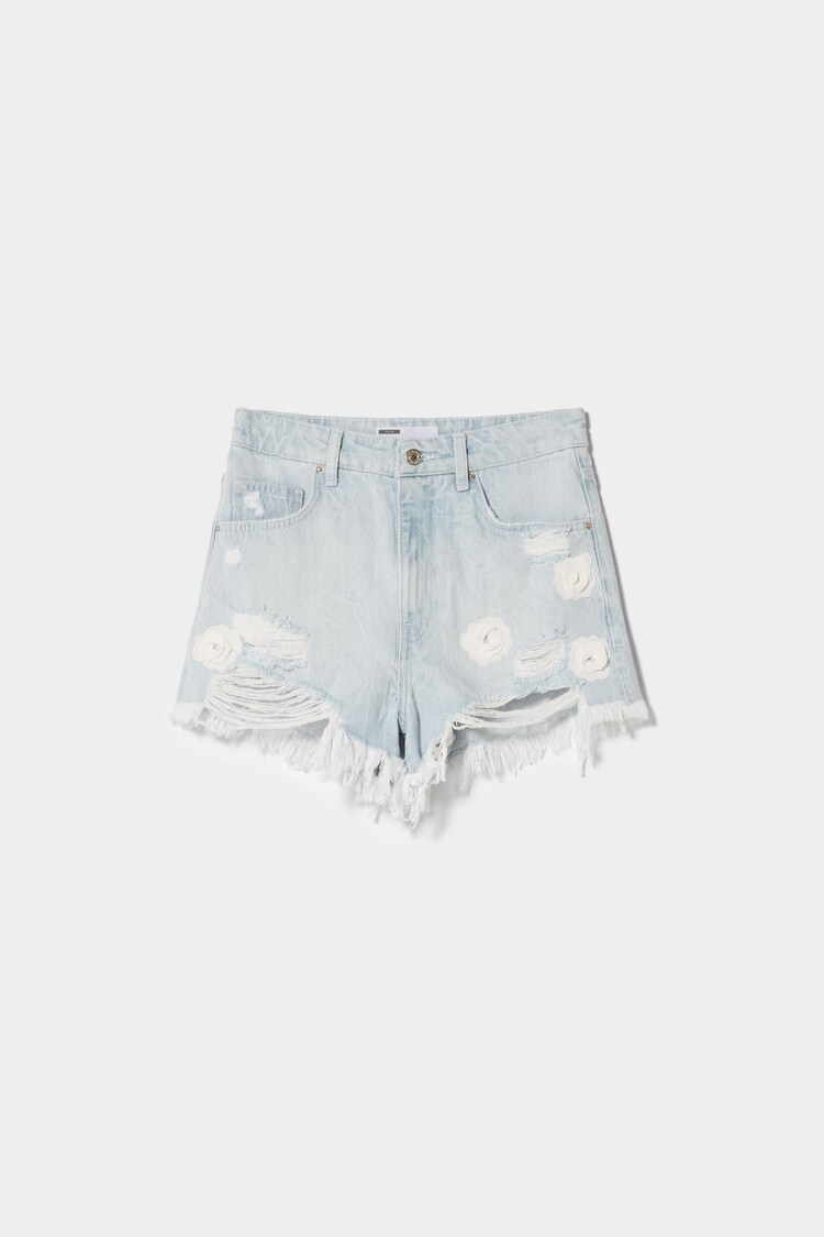 Ripped denim floral shorts