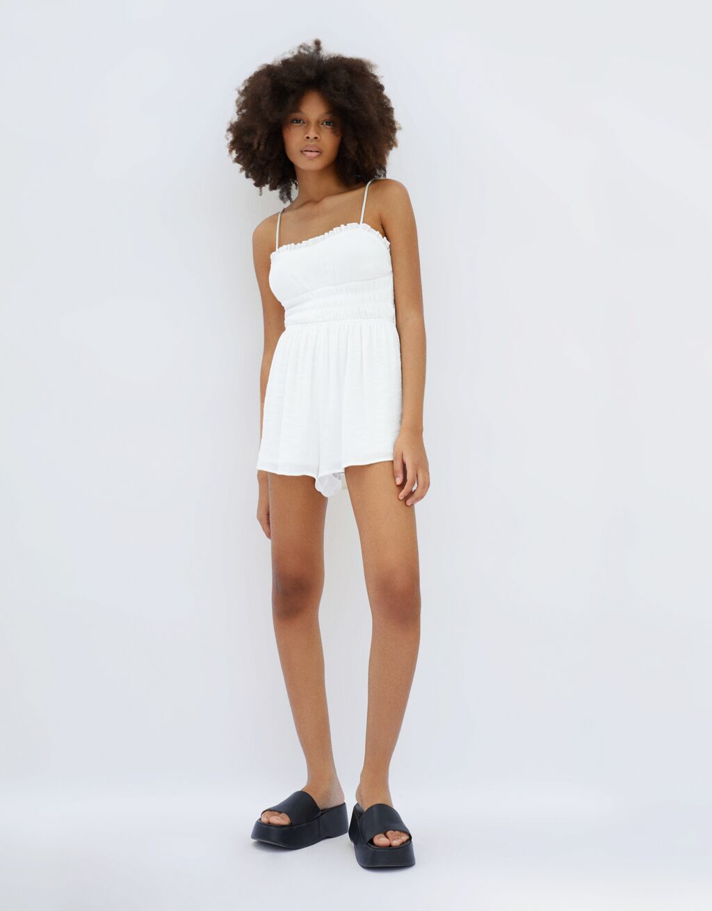 Strappy romper with gathered crepe detail