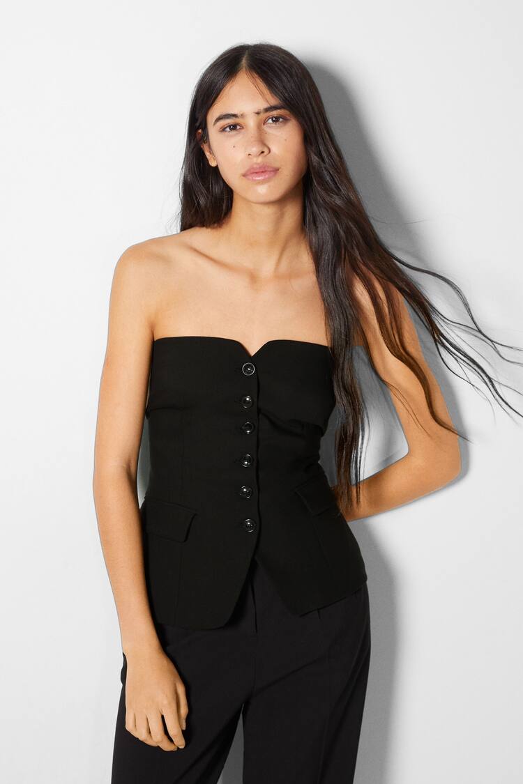 Tailored off-the-shoulder buttoned waistcoat