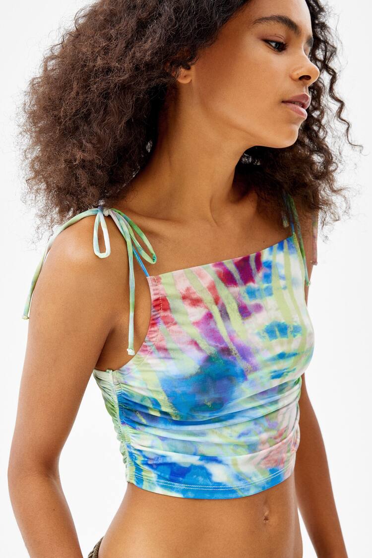 Printed strappy top with side gathering