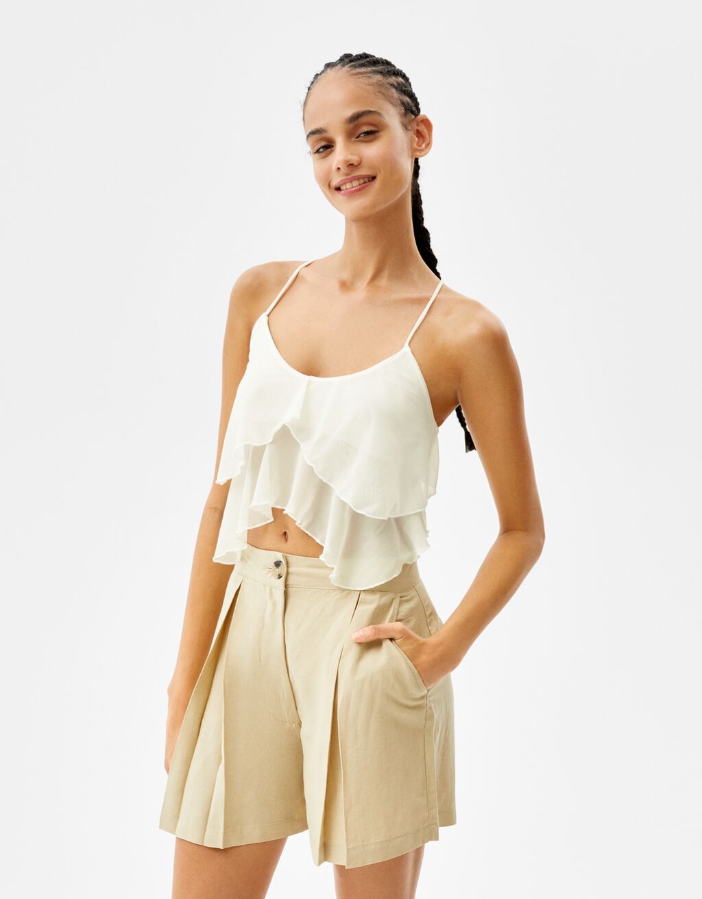 Ruffled tulle top with crisscross back