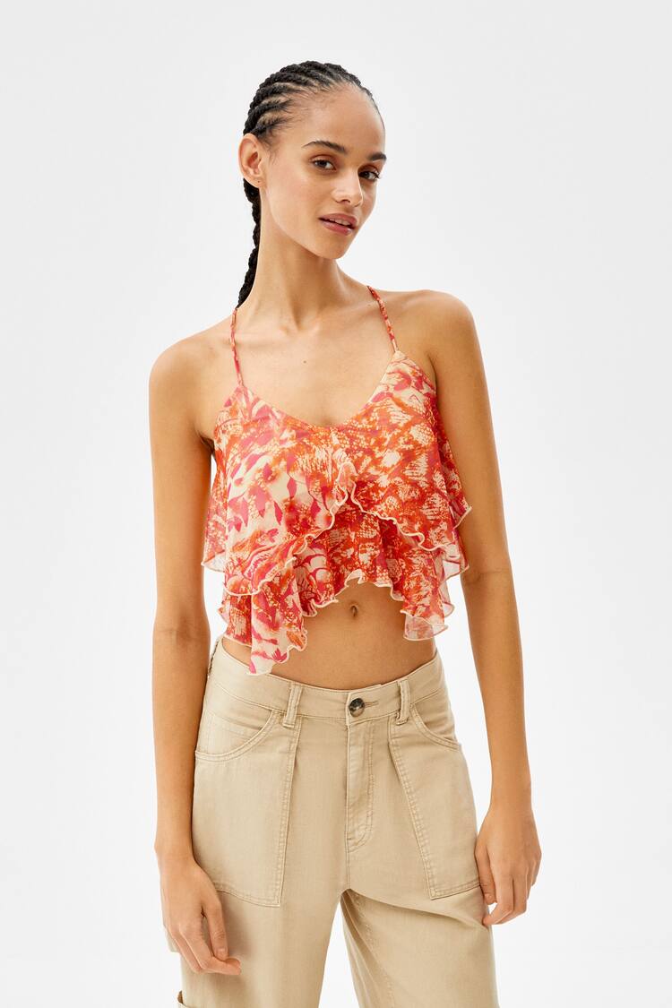 Ruffled tulle top with criss-cross back