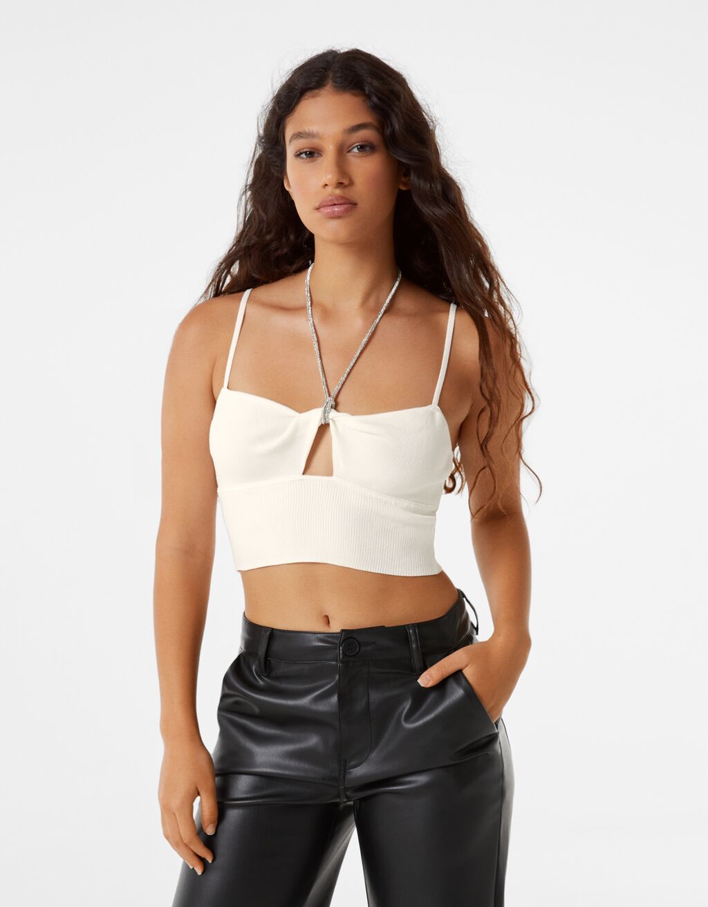 Strappy knitted top featuring bejeweled straps