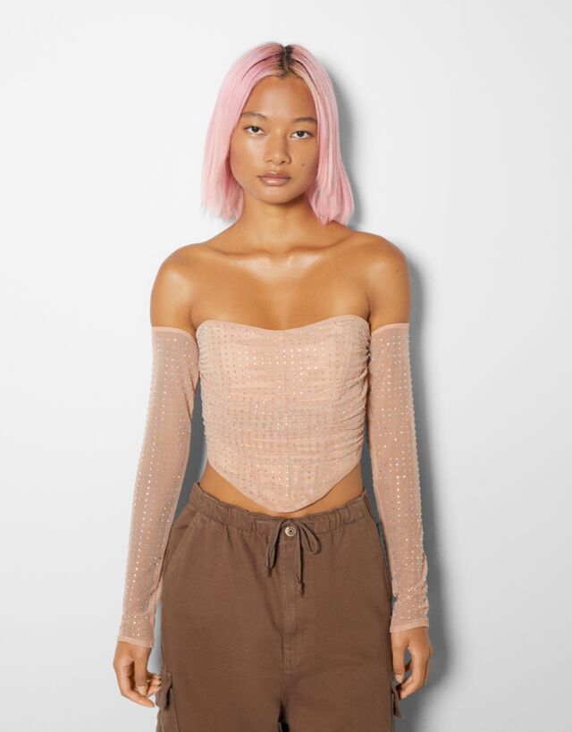 Long sleeve rhinestone mesh top - Tops 