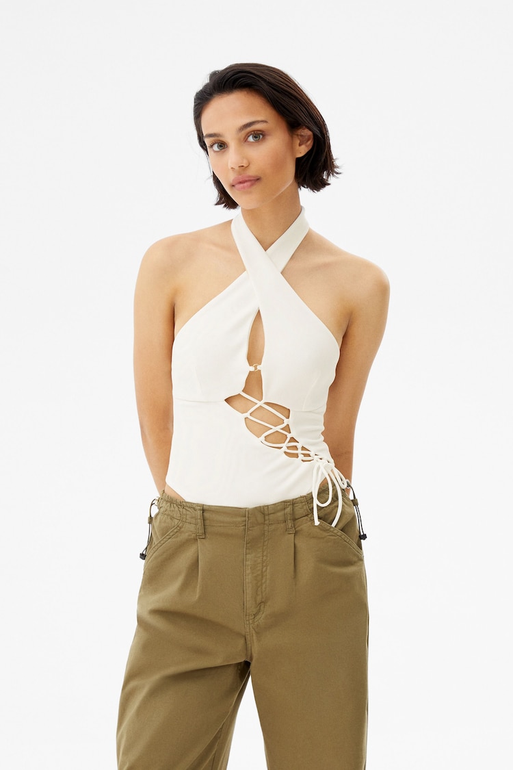 Lace-up ottoman bodysuit with crossover neckline