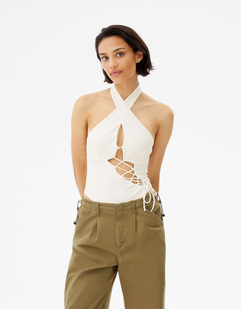 Lace-up ottoman bodysuit with crossover neckline