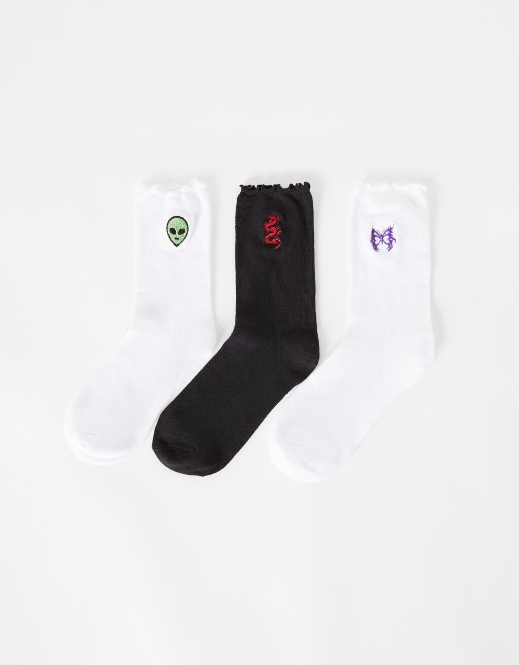 3er-Set gewellte Socken mit Stickerei