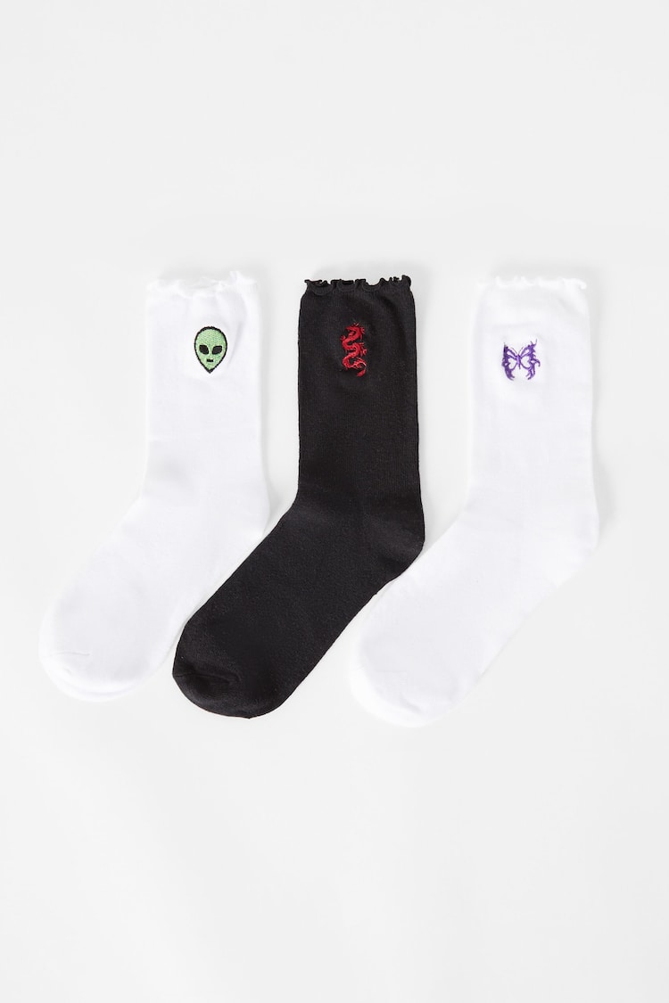 3er-Set gewellte Socken mit Stickerei