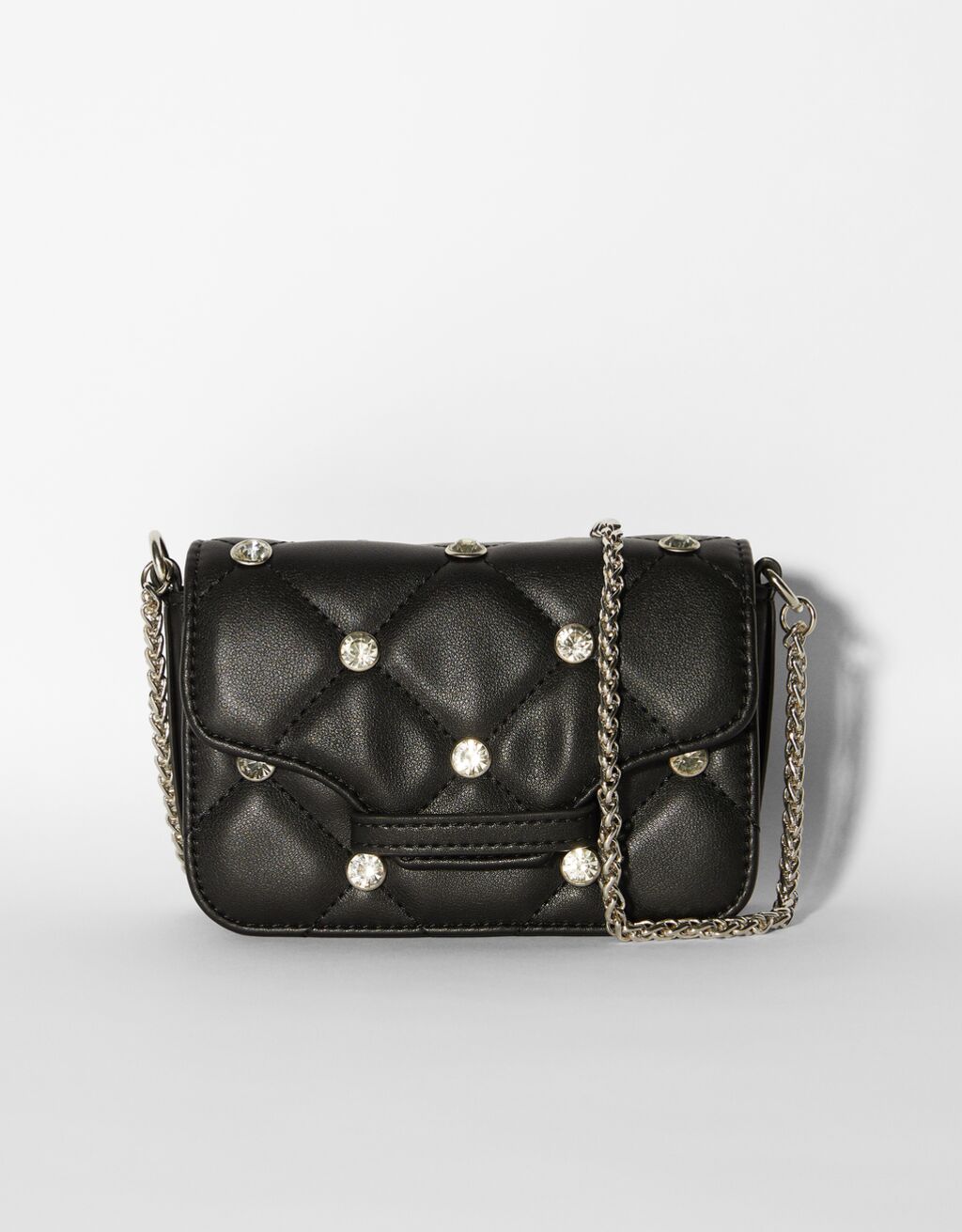 Mini faux leather quilted bag with chain and rhinestones