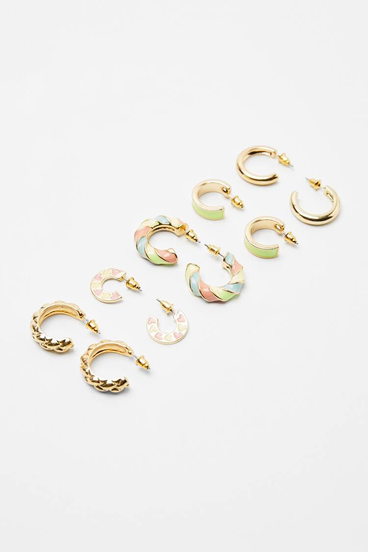 Set of 5 pairs of enamelled hoop earrings