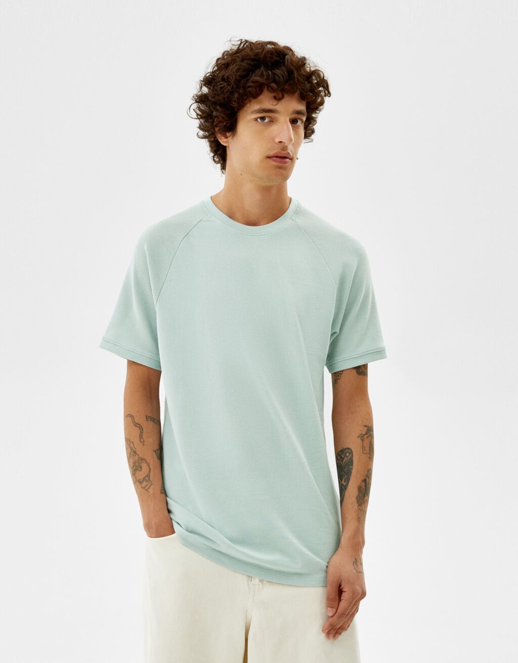 Piqué T-shirt met wafelstructuur en korte raglanmouw