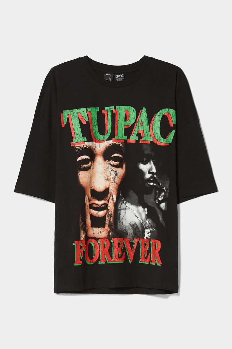 Itin laisvi marškinėliai su Tupaco atvaizdu ir trumpomis rankovėmis