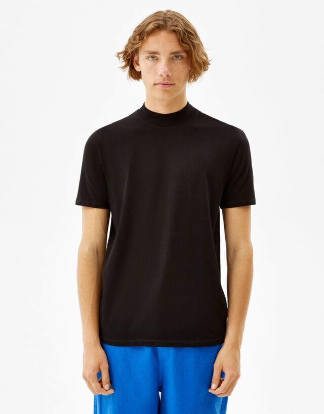 Bershka Slim Fit Short Sleeve Mock Neck T-Shirt Men M Black