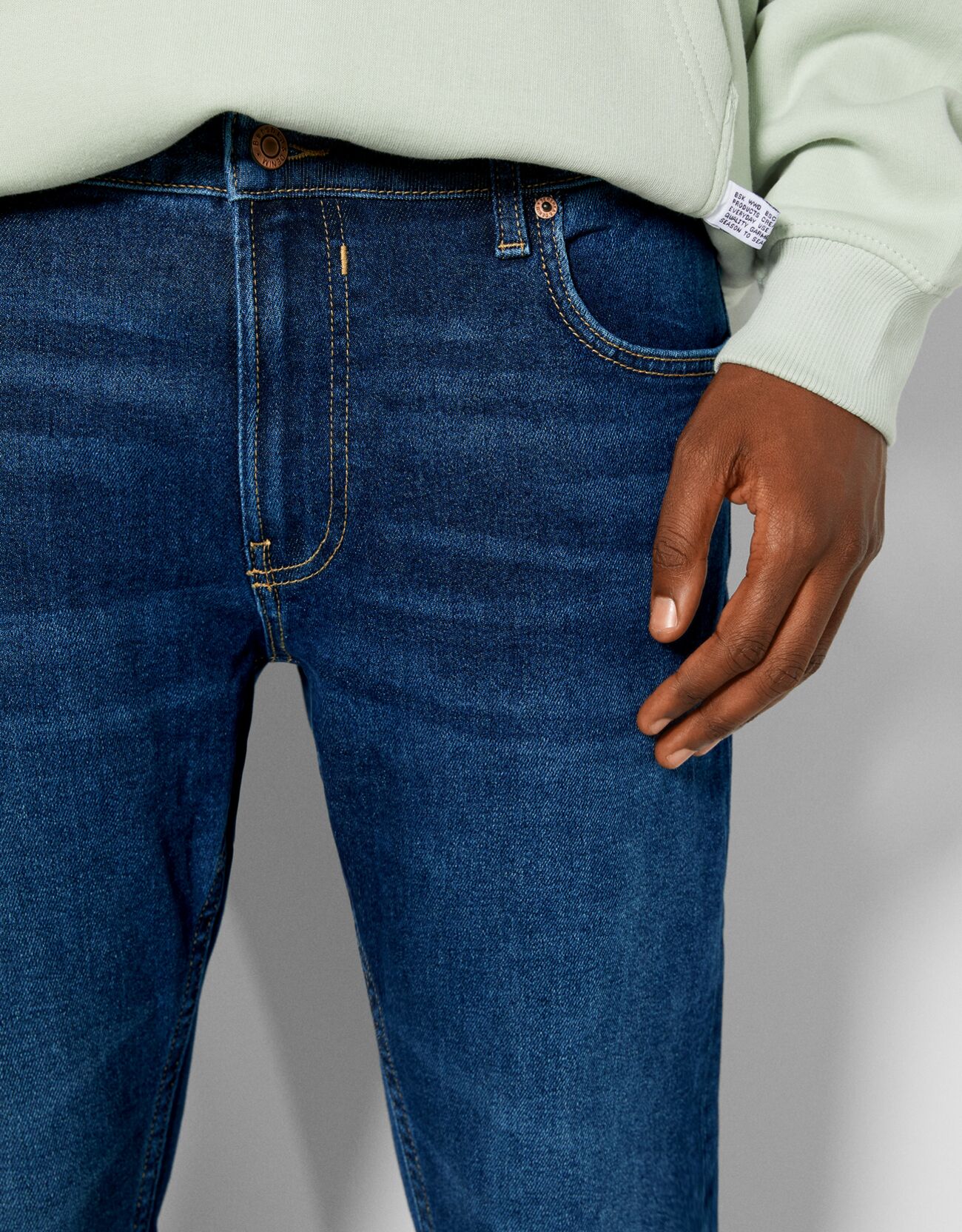 bershka super high waist skinny jean in mid blue