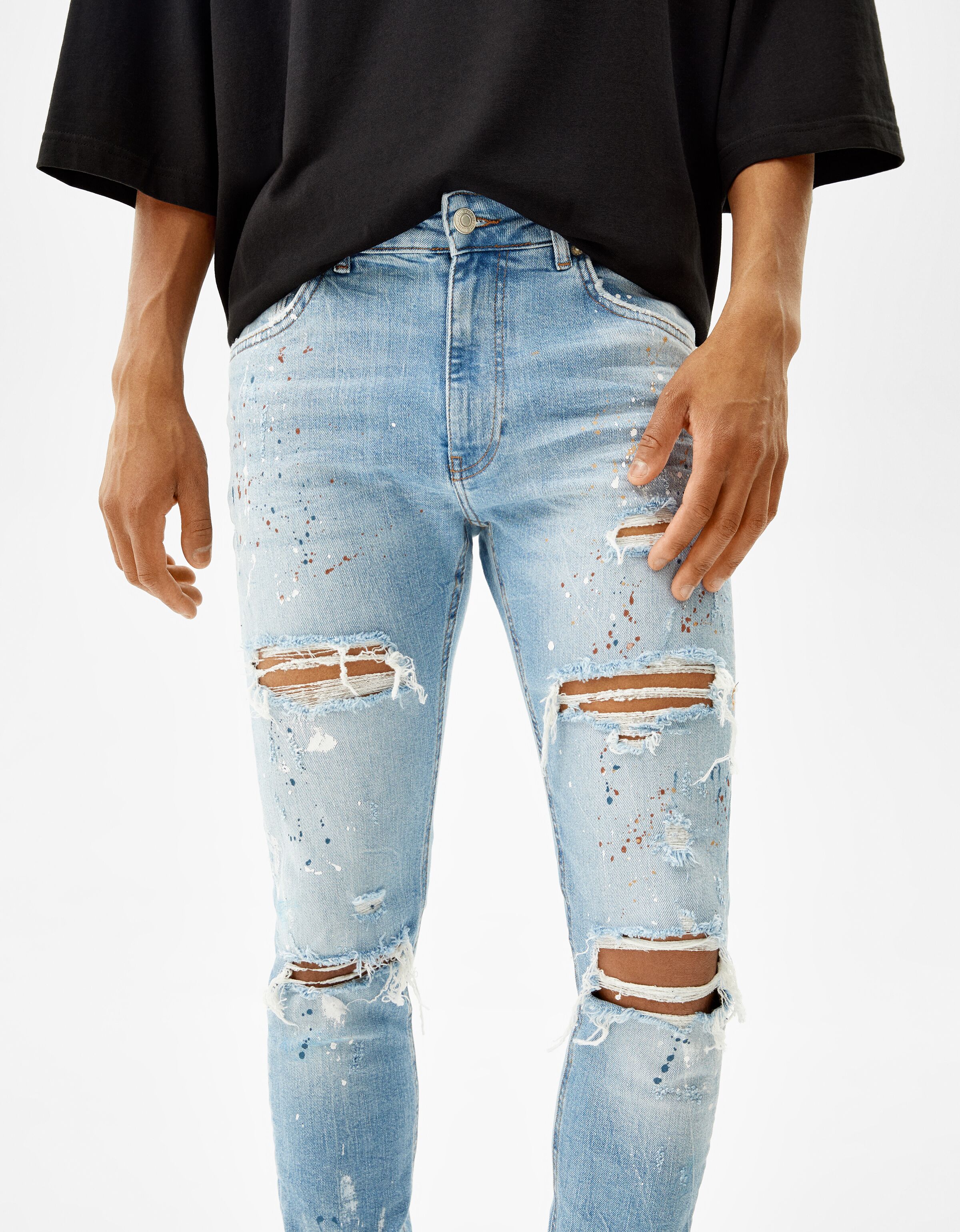 New Men S Bershka スプラッシュペイント スキニーデニム Admsanmiguel Com Ar
