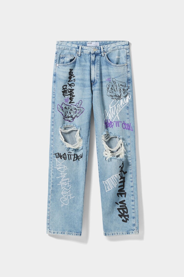 Džins hlače s potiskom grafitov v slogu 90-ih