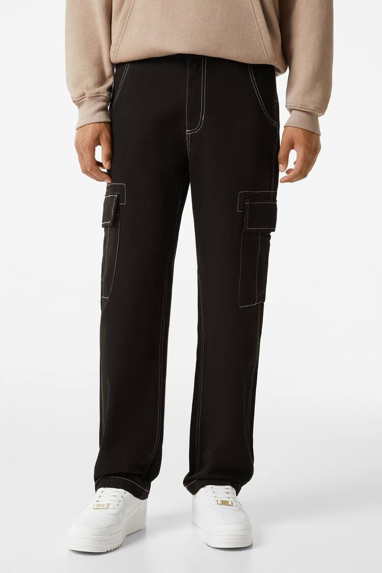 Wide-leg cargo trousers with contrast stitching
