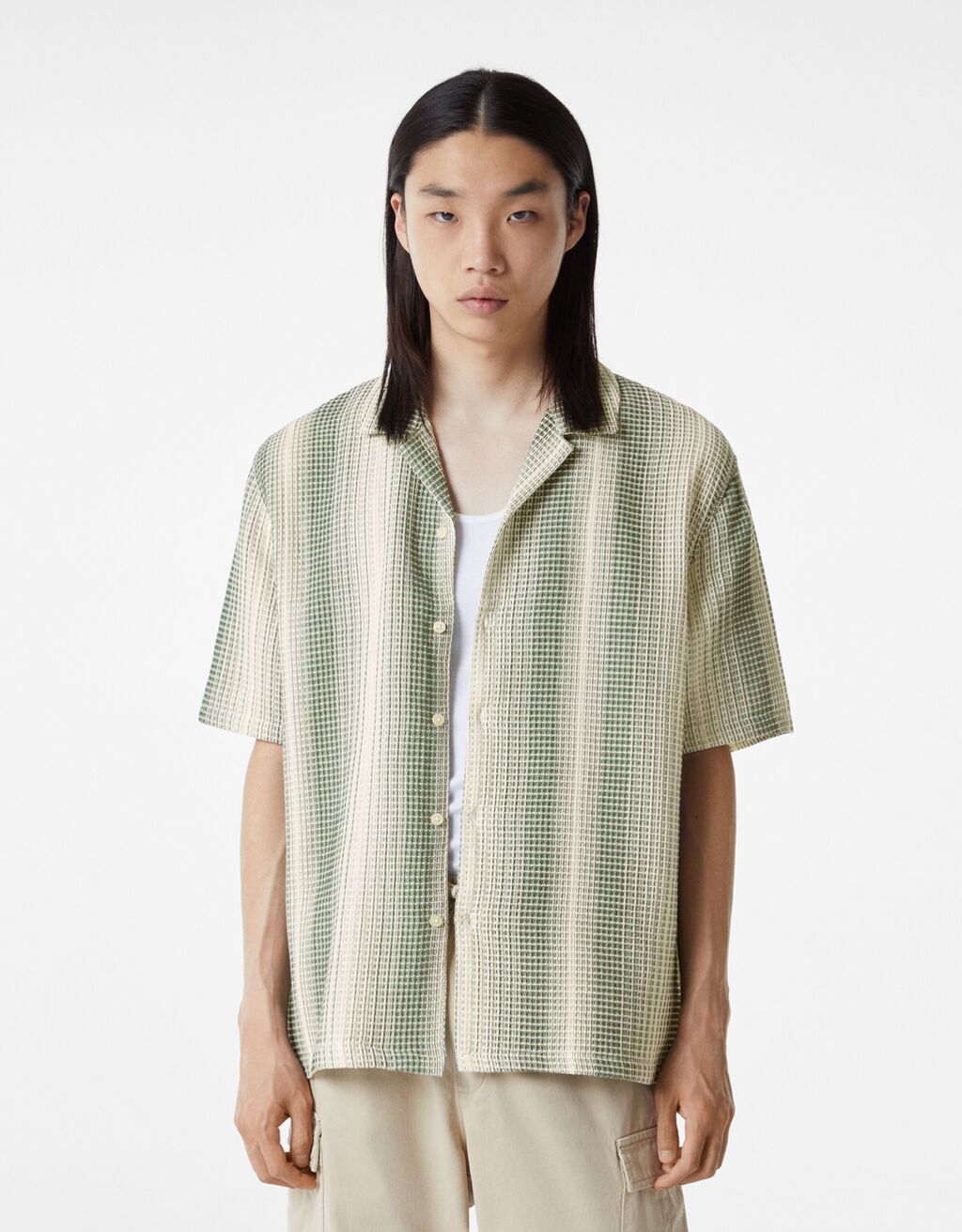 Relaxed-fit waffle-texture striped short sleeve shirt