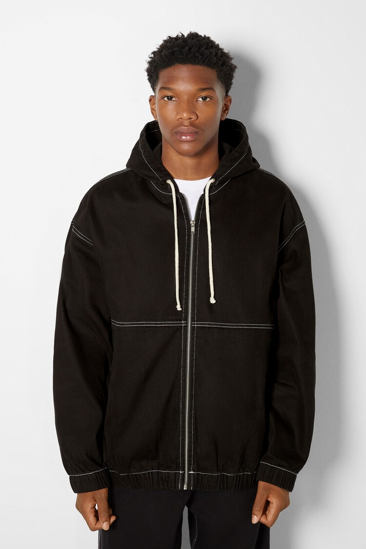 Hooded cotton overshirt with contrast thread