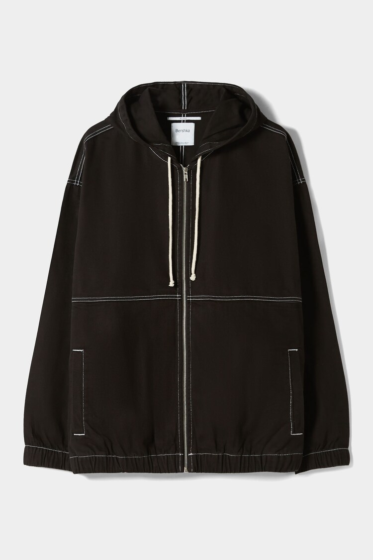 Hooded cotton overshirt with contrast thread