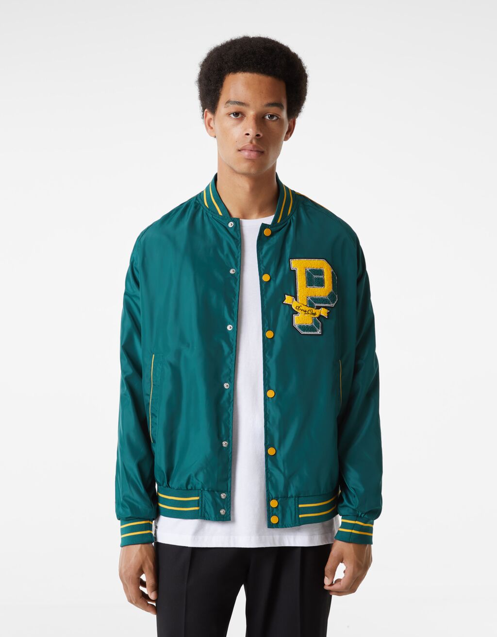 Lightweight faux nylon varsity jacket