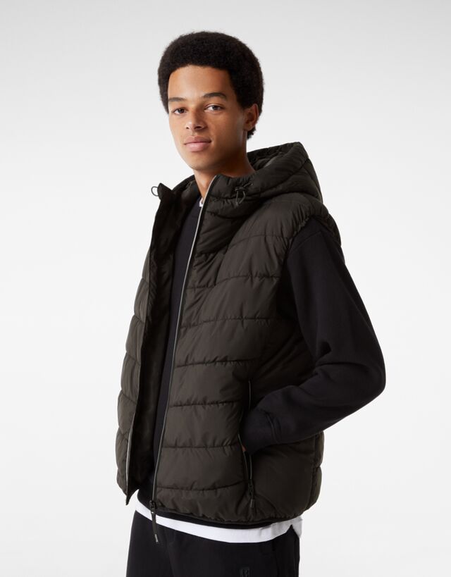 bershka padded gilet with hood in black