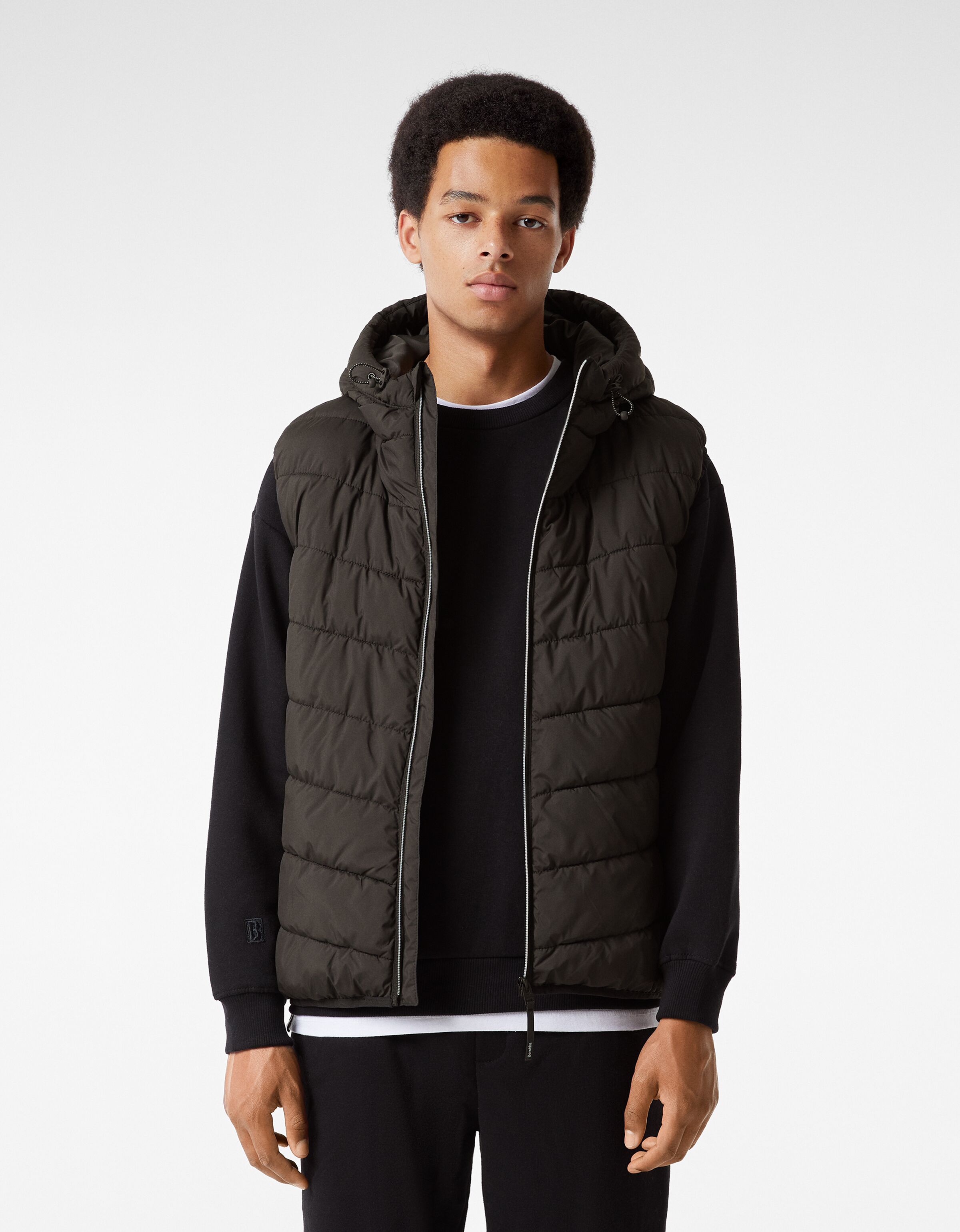 bershka padded gilet with hood in black