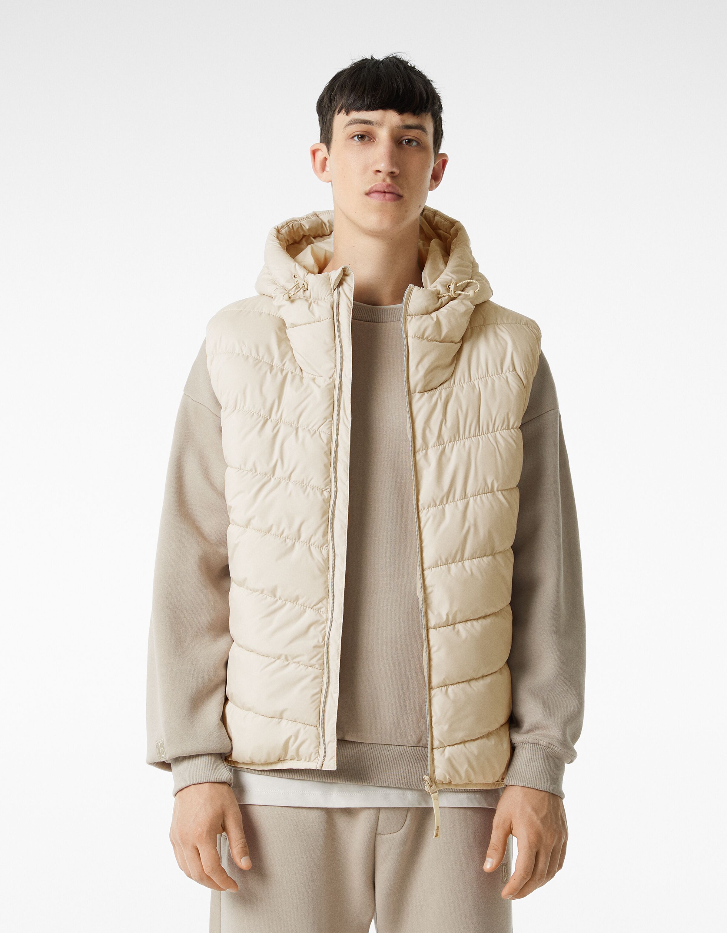 bershka padded gilet with hood in black