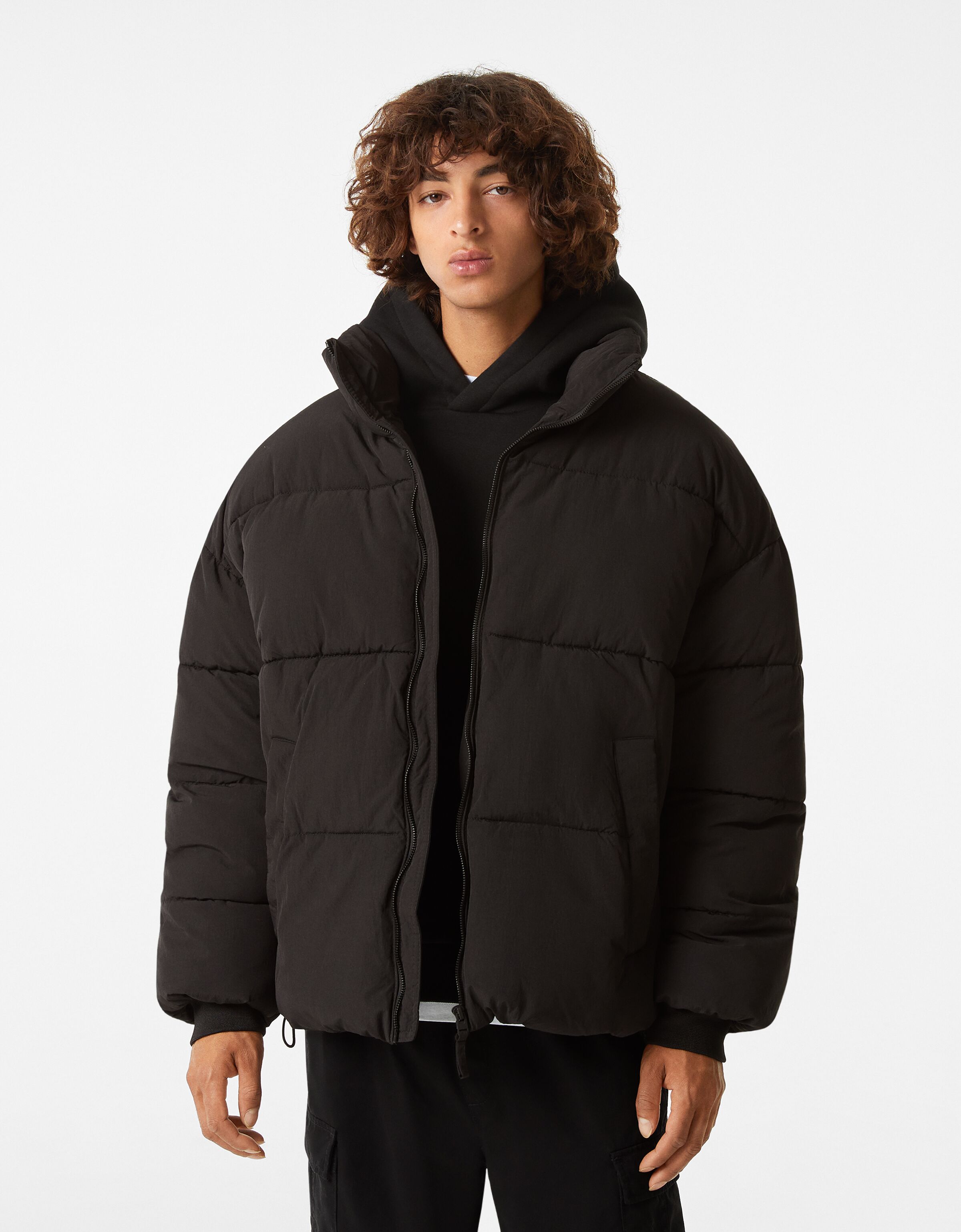 bershka oversized puffer jacket in black