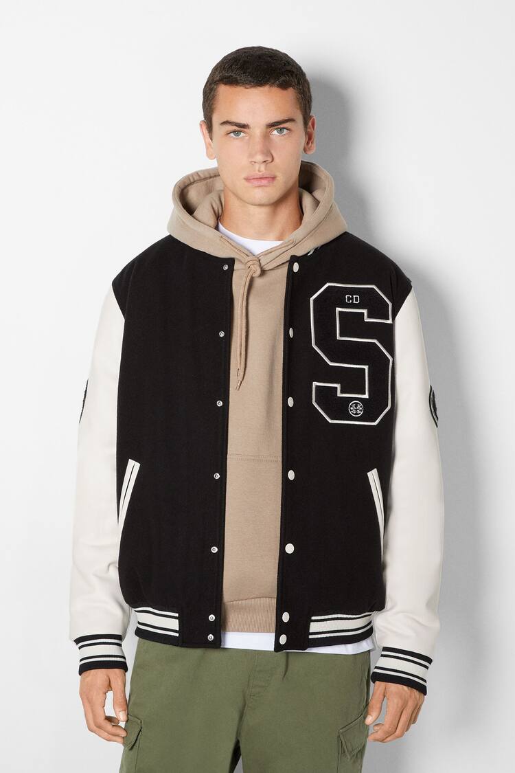 Synthetic wool varsity bomber jacket with faux leather sleeves