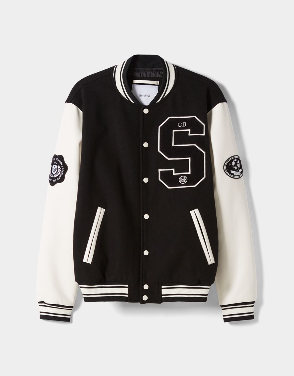 Synthetic wool varsity bomber jacket with faux leather sleeves