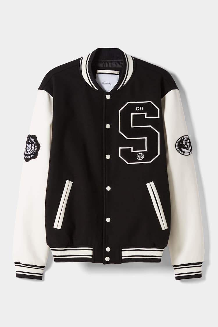 Heavy cloth varsity bomber jacket with faux leather sleeves