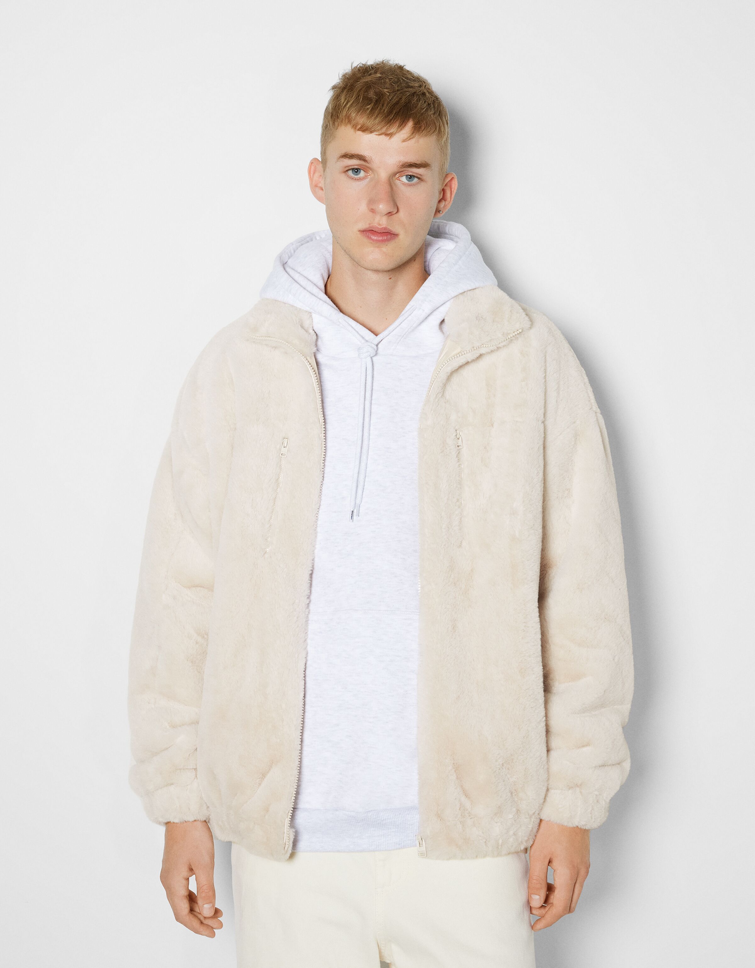 Bershka faux fur hooded jacket in white