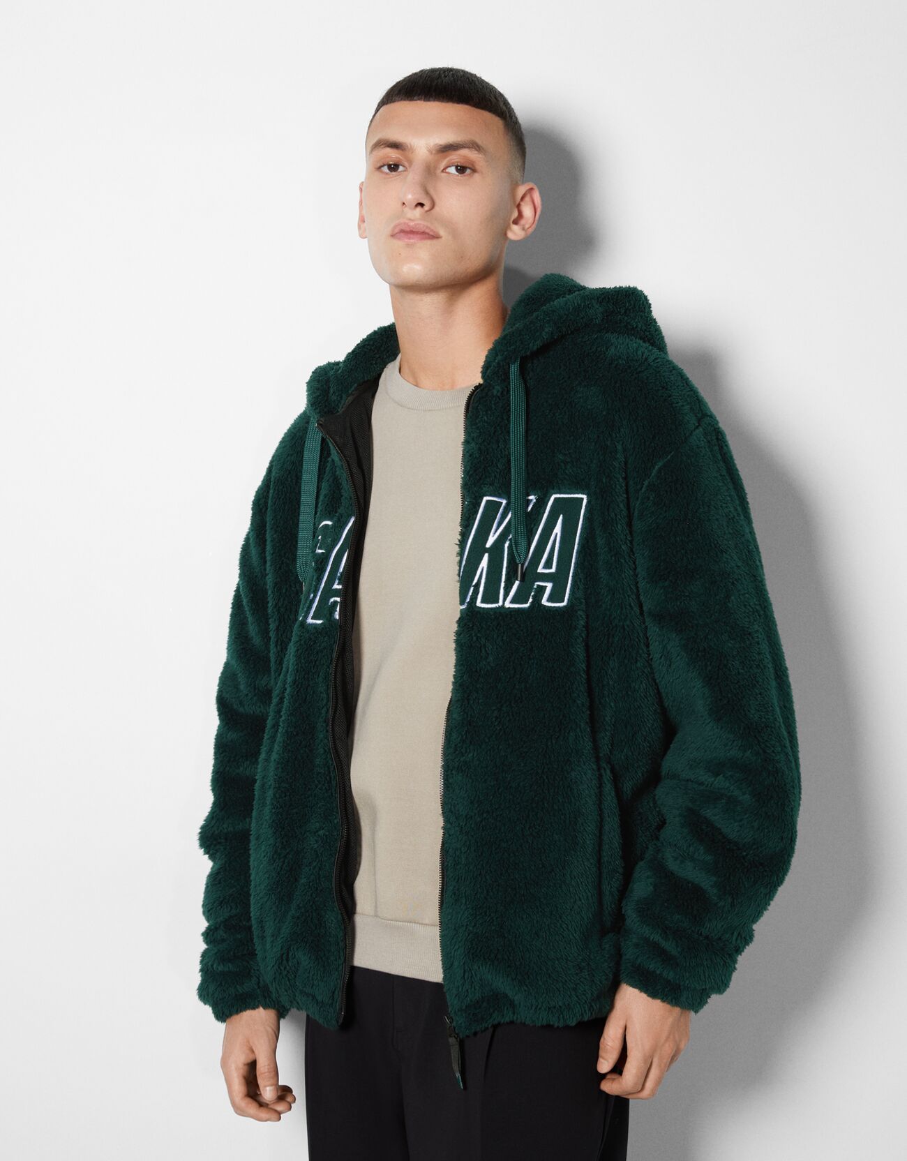 Faux fur jacket with lettering 