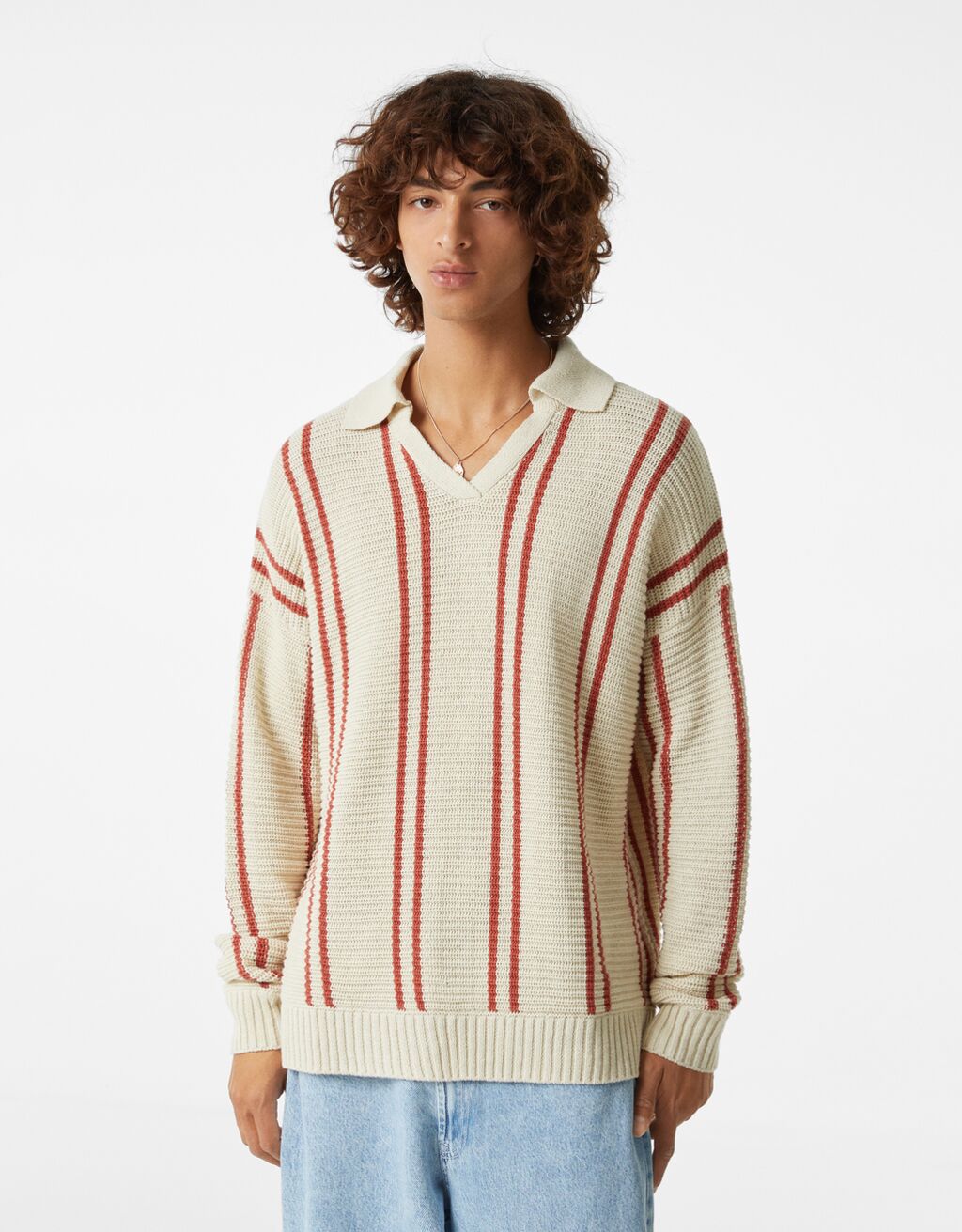 Vertical stripe polo sweater