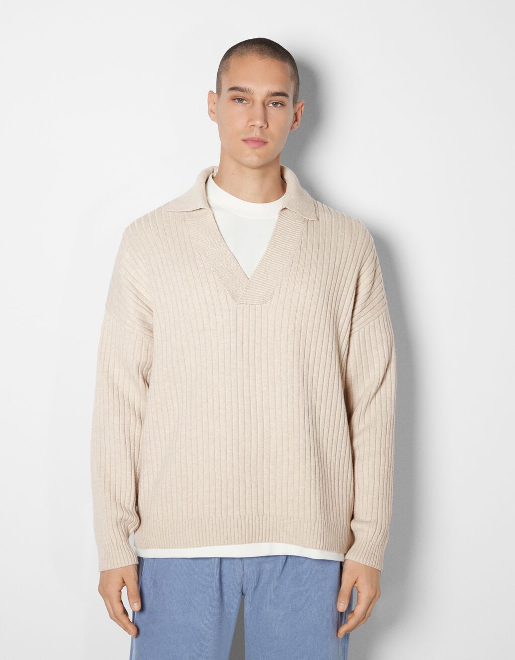 Ribbed polo collar sweater Man Bershka