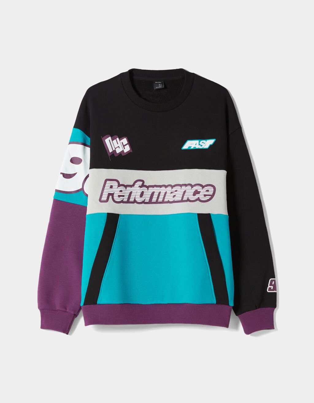 Crew neck color block sweatshirt with racing print